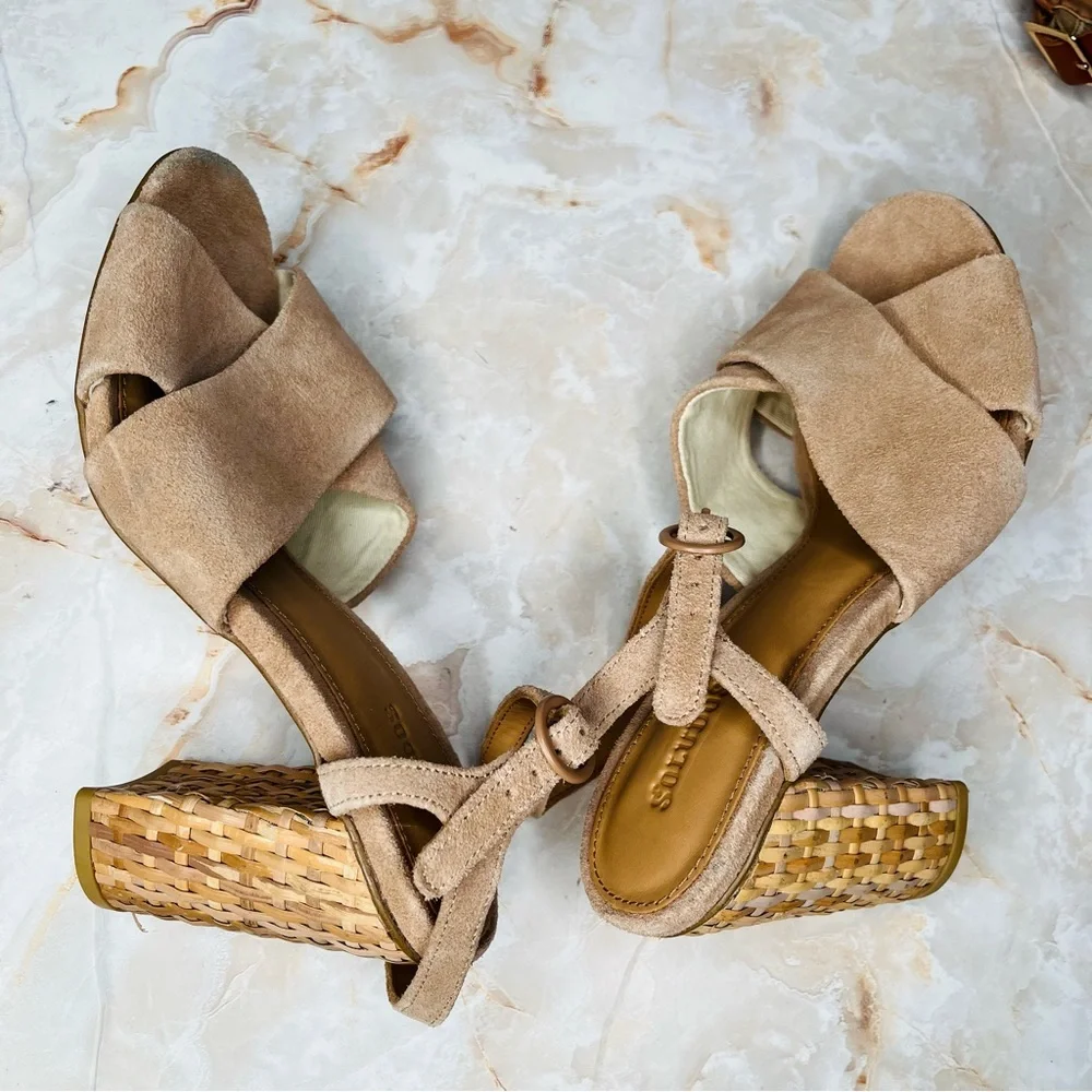 SOLUDOS Olivia Leather Suede Strappy Sandals Raffia Heel in Brown Desert 7